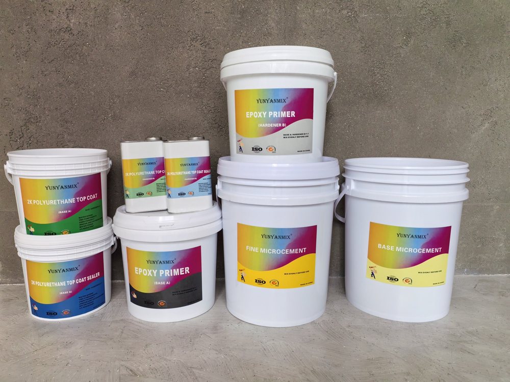 Microcement system: epoxy primer, base and fine microcement, polyurethane top coat