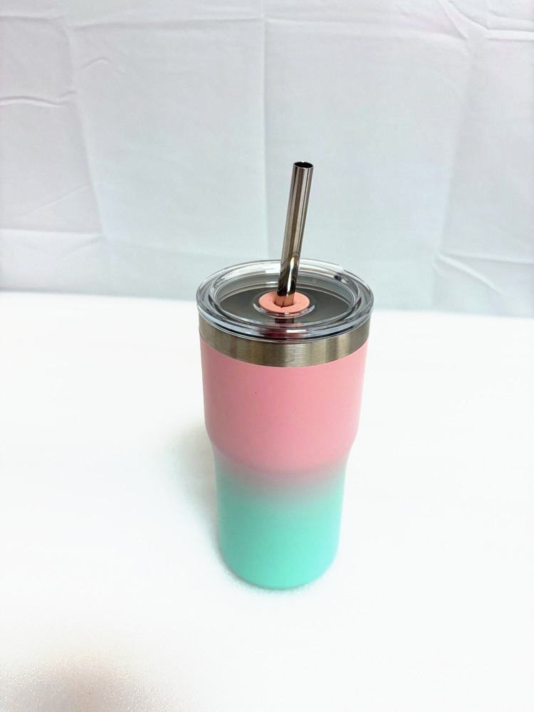 Stainless steel tumbler with steel straw, pink and mint fade