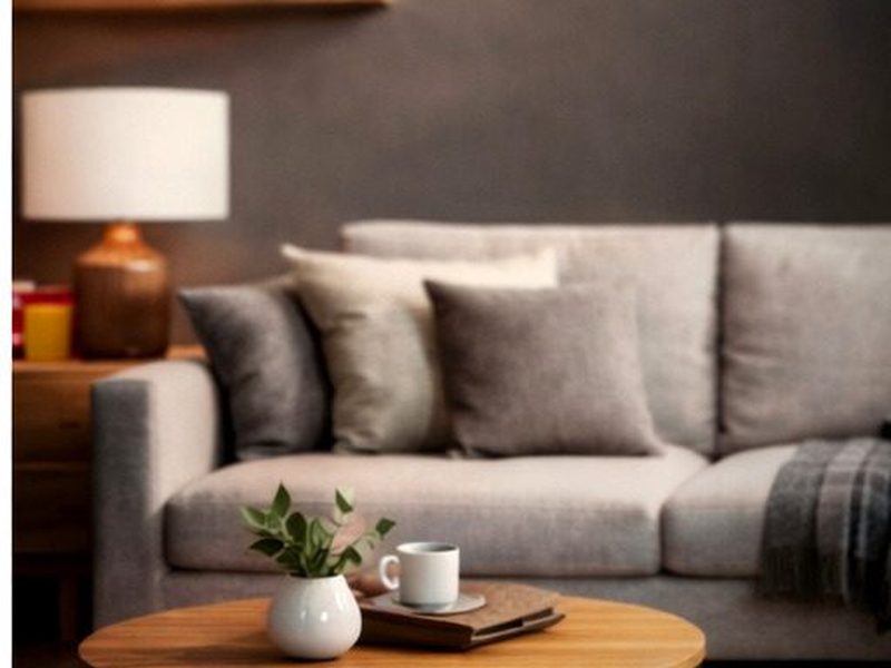 A fabric sofa with cushions beside a coffee table in a living room