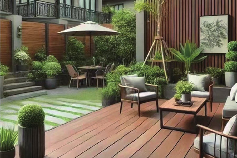Wood-plastic composite decking and fence on a patio