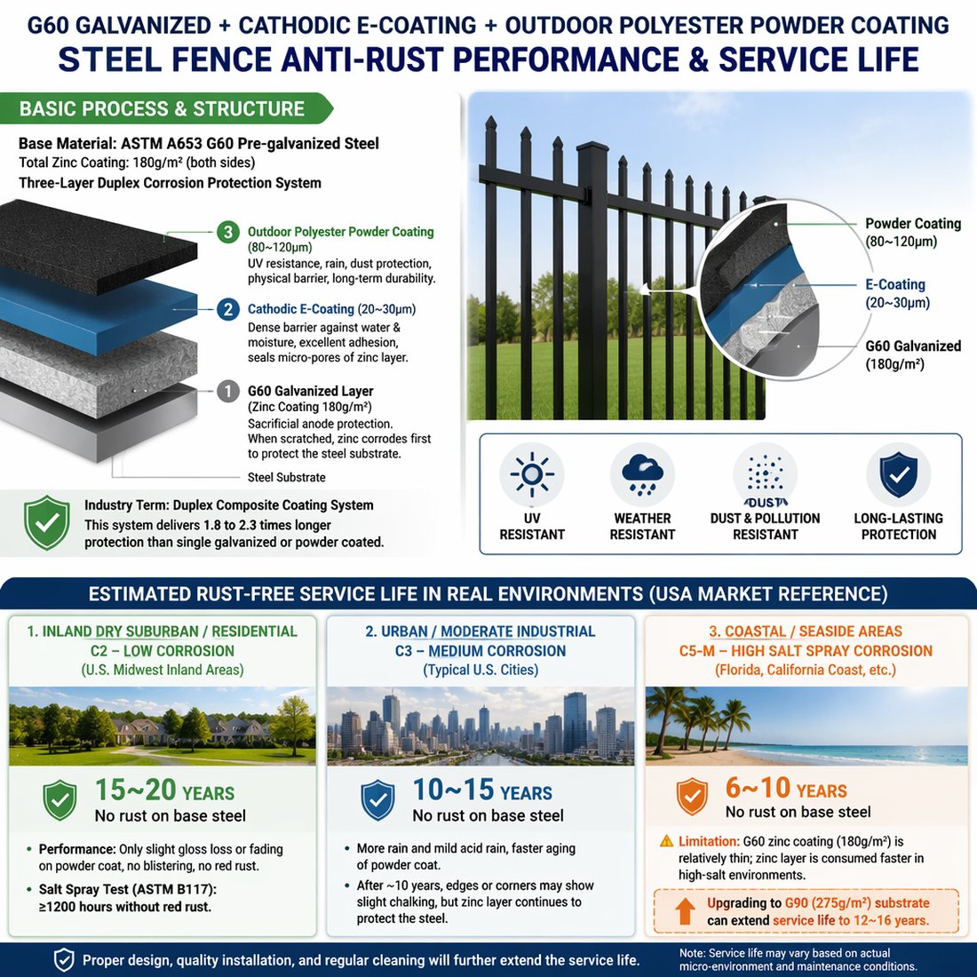 GULFTEX duplex coating system: G60 galvanized steel, cathodic e-coat and polyester powder topcoat, with service life by environment