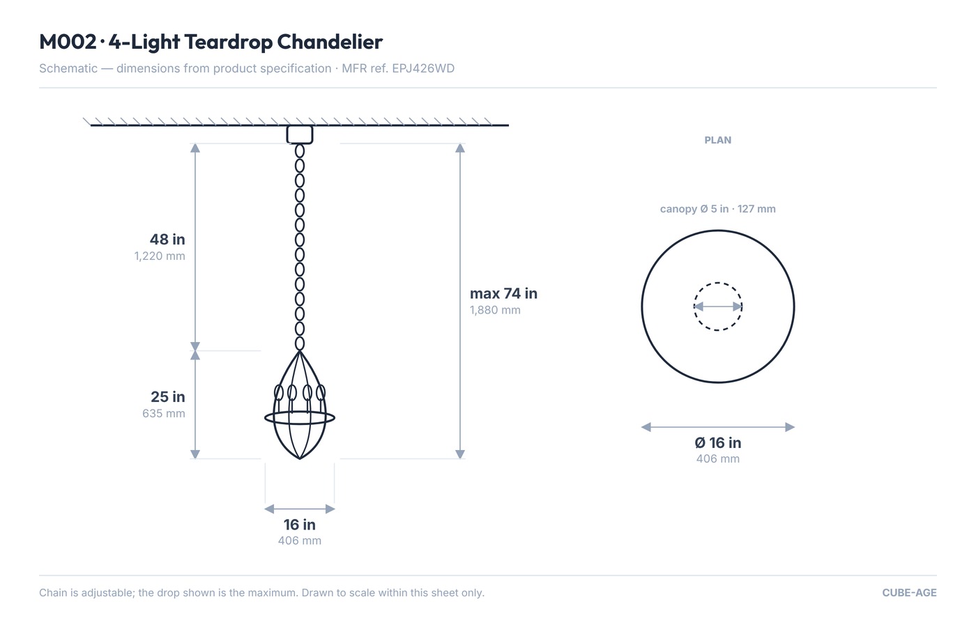 4-Light Teardrop Chandelier dimensional drawing