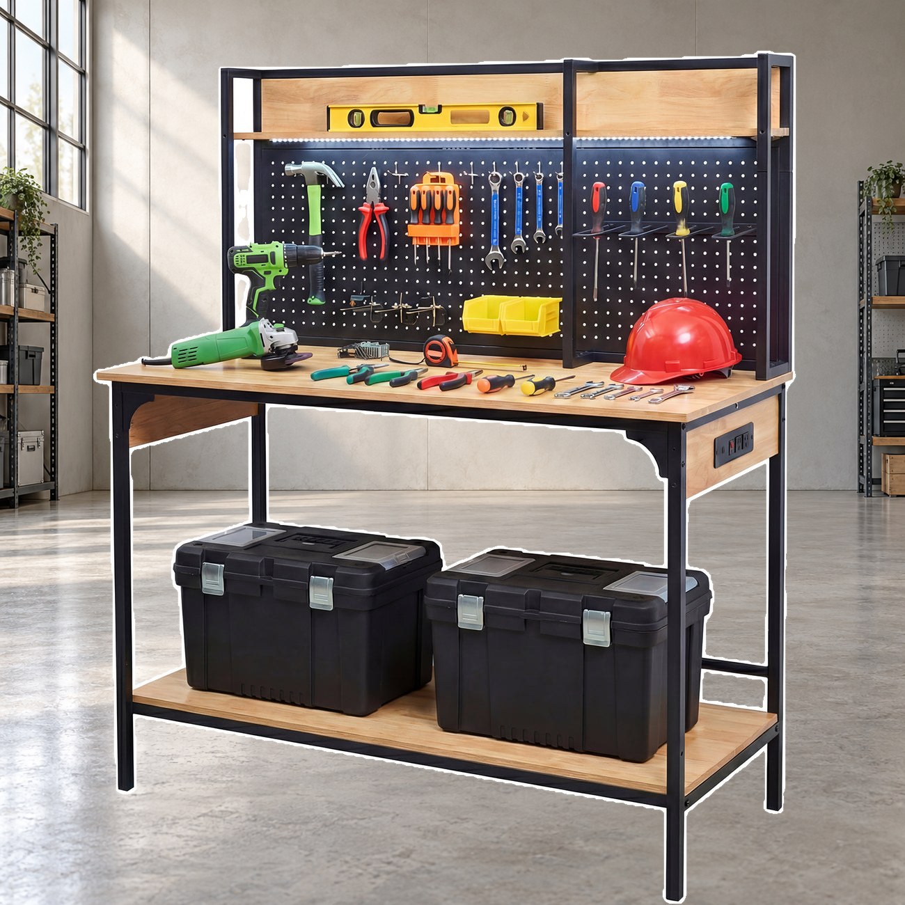 A workbench with a pegboard back, overhead light and storage bins
