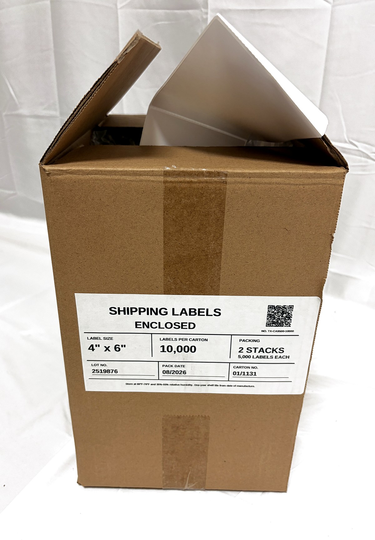 A full carton of Bright Labels 4x6 direct thermal shipping labels, open at the top, with the packing label reading 10,000 labels in 2 stacks of 5,000