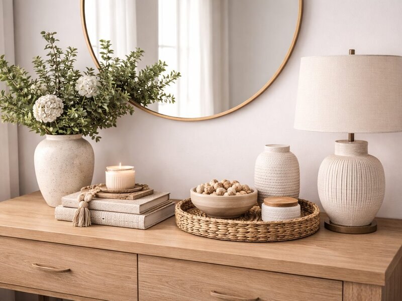 Mirrors, vases and decorative accents arranged on a sideboard