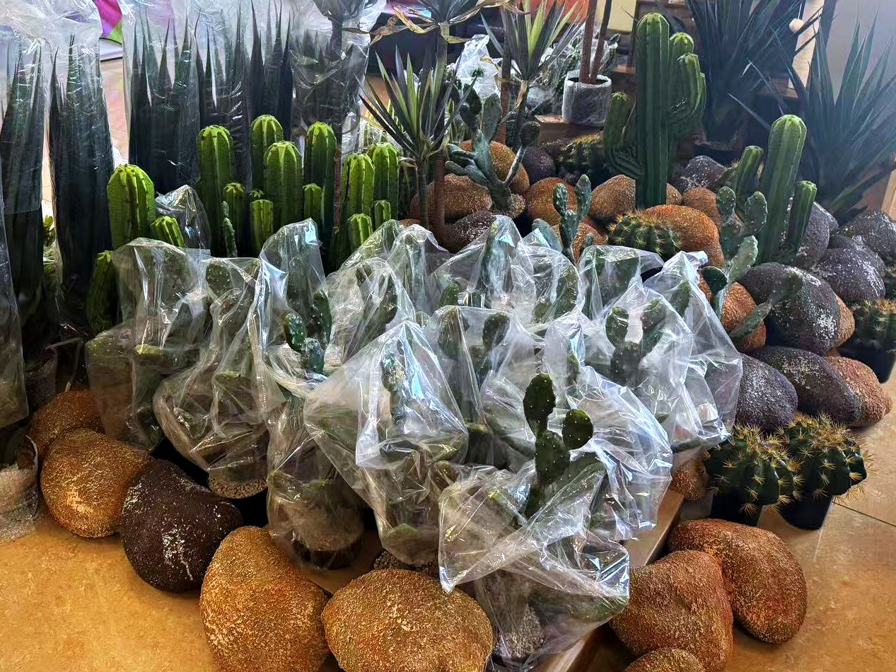 Artificial plants and decorative stones stacked on our Houston floor