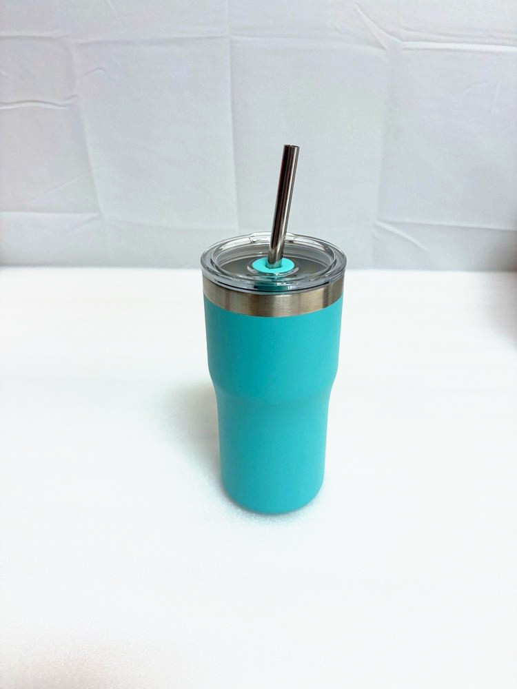 A teal stainless steel tumbler with a clear lid and a stainless steel straw