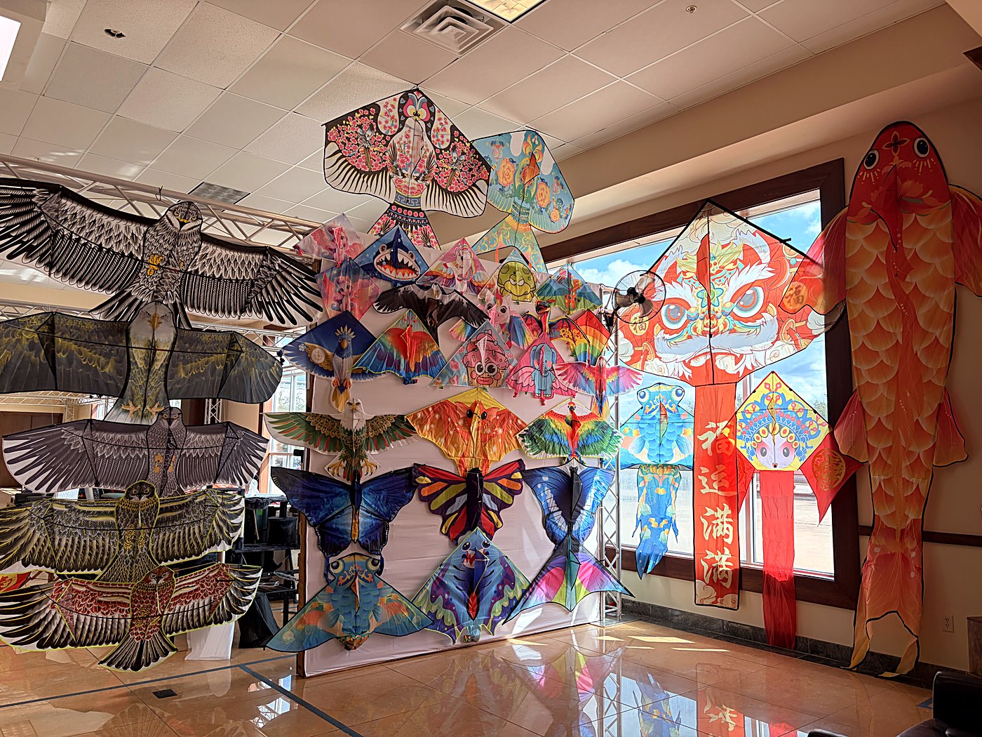 The kite display wall in the Cube-Age permanent showroom in Houston