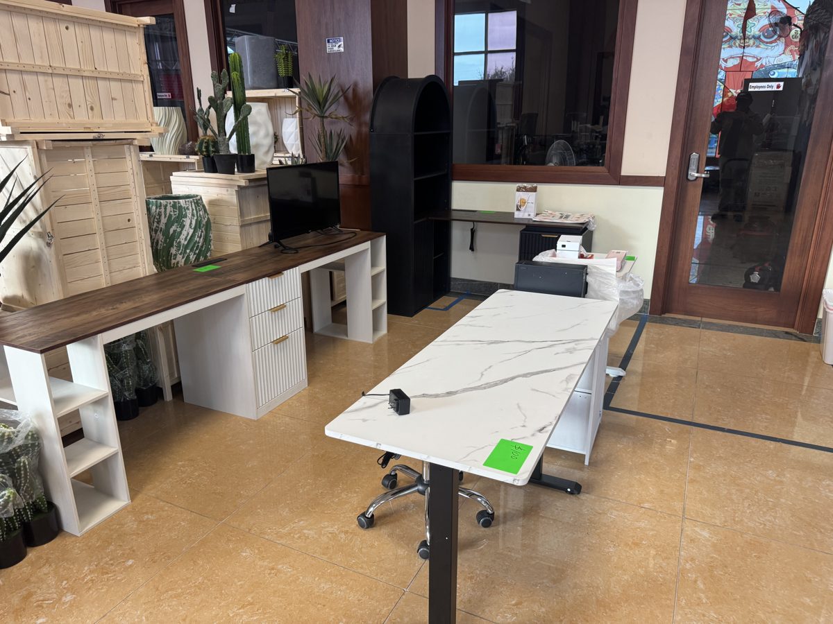 Office desks with drawers and a marble-look table