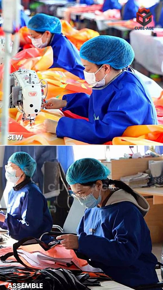 Frame from the Cube-Age kite factory film — the sewing and assembly line